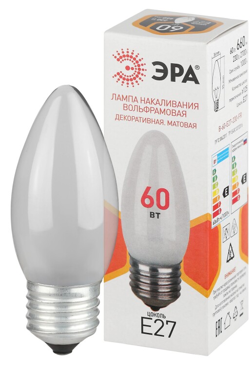 ЭРА Лампа накаливания B-60-E27-230-FR 60Вт 230В свеча матовая цветная коробка Е27 (Б0066409) превью в интернет-магазине электрики Форум Электро в Москве