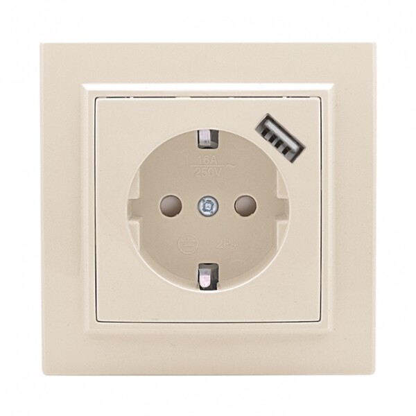 Картинка EKF Basic Минск Бежевый Розетка с/з, со шторками, 16А, с USB 1А, СП (ERR16-028-200-USB) в интернет-магазине Форум Электро в Москве