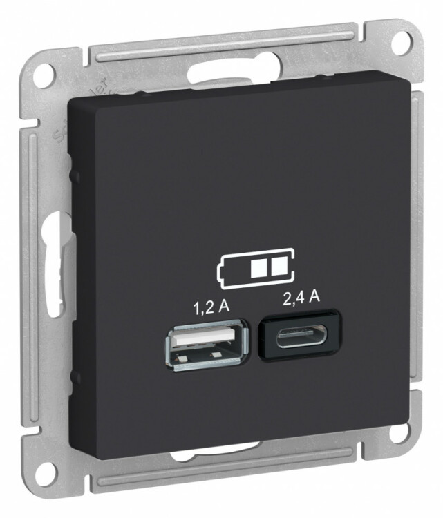 Картинка Systeme Electric AtlasDesign Карбон USB A+С, 5В/2,4А, 2х5В/1,2 А, механизм (ATN001039) в интернет-магазине Форум Электро в Москве