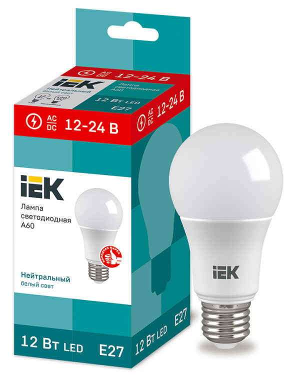 IEK Лампа светодиодная A60 шар 12Вт 12-24В 4000К E27 (LLE-A60-12-12-24-40-E27) превью в интернет-магазине электрики Форум Электро в Москве