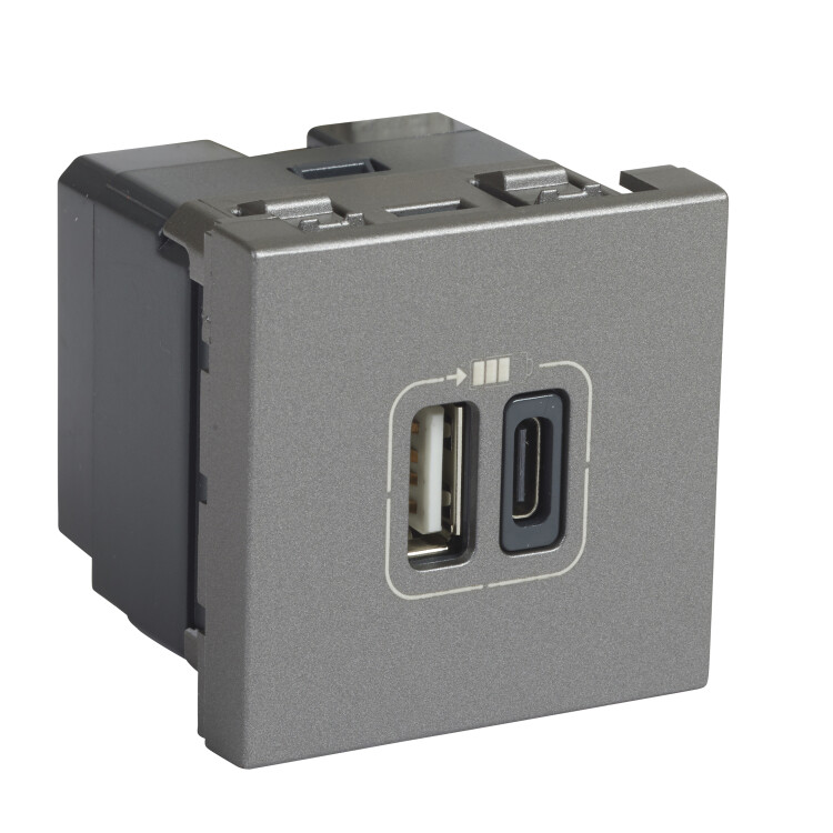 Картинка Legrand Mosaic Розетка USB-C+USB-A для зарядки Программа 2 модуля алюминий (079392) в интернет-магазине Форум Электро в Москве