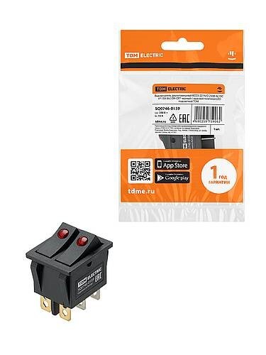 Картинка TDM KCD3-221N/D 250В AC/DC, 1P, 15А, (6с), ON-OFF, черный с красной точечной LED подсветкой (SQ0746-0159) в интернет-магазине Форум Электро в Москве