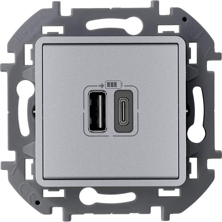 Картинка Legrand INSPIRIA Алюминий Зарядное устройство с двумя USB-разьемами A-C 240В/5В 3000мА (673762) в интернет-магазине Форум Электро в Москве