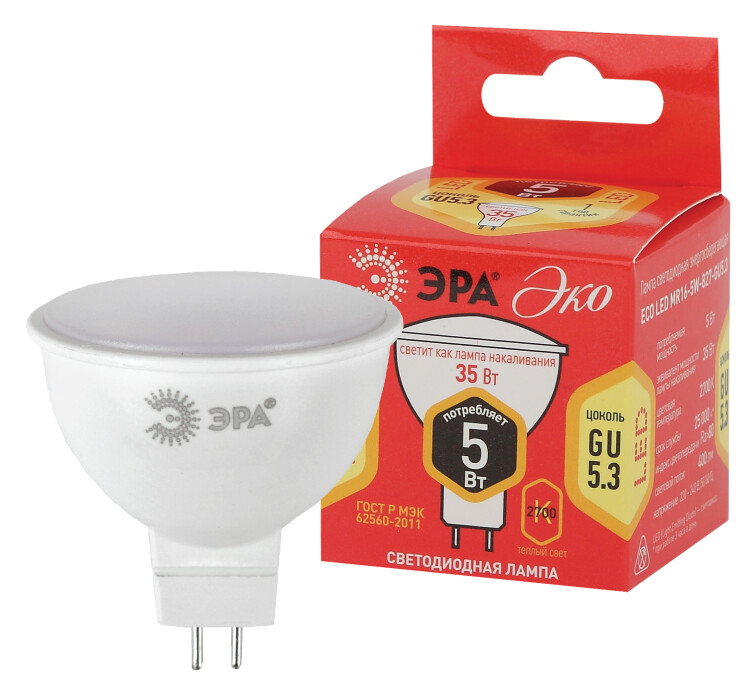 ЭРА ECO LED MR16-5W-827-GU5.3 (диод, софит, 5Вт, тепл, GU5.3)
