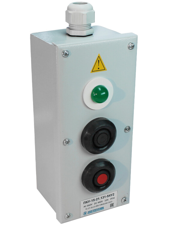 Электротехник ПКУ-15-21.131-54У2 (1*СКЛ11 зеленая, 220В + 1*КЕ081/2(1з+1р) черная + 1*КЕ081/2(1з+1р) красная + PG-19), пост управления (ЭТ) (ET008512) превью в интернет-магазине электрики Форум Электро в Москве