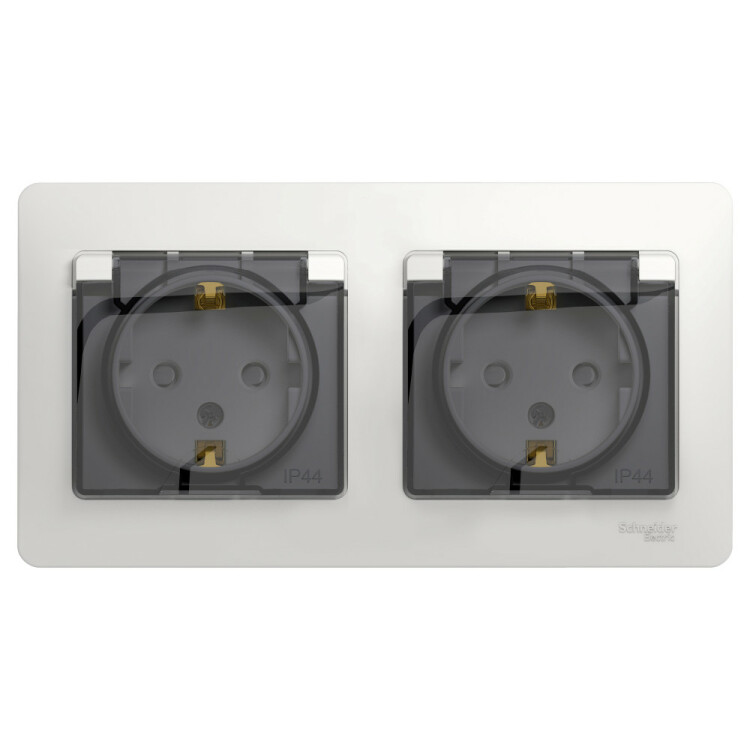 Картинка Systeme Electric Glossa Бел Розетка 2-ая с/з, со шторками, в сборе, IP44 (GSL000147) в интернет-магазине Форум Электро в Москве