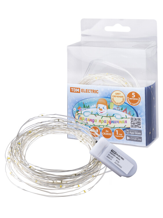 TDM Гирлянда светодиодная "Роса50" 50LED, 5м, 3000К, 2хCR2032, (SQ0361-0055) превью в интернет-магазине электрики Форум Электро в Москве