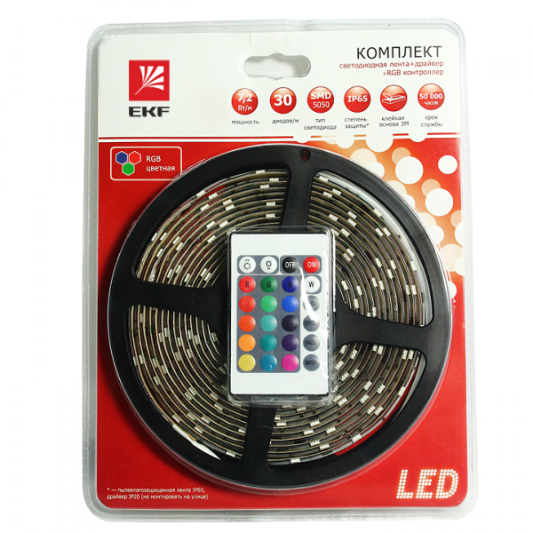 EKF Simple Комплект лента светодиодная FLS-5050 30 сд/м 7,2Вт 12В IP20 5м RGB, драйвер и ИК контроллер (fls-set-5050-30-20-5m-RGB) превью в интернет-магазине электрики Форум Электро в Москве
