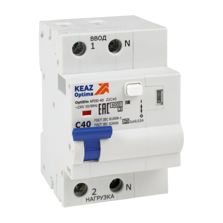 Устройство защиты от дугового пробоя с АВДТ и защ. от пов. напряж. OptiDin AFDD-40-22C40-A-У3 (2P, C40, 30mA, Uоткл 275В) (339091) превью в интернет-магазине электрики Форум Электро в Москве