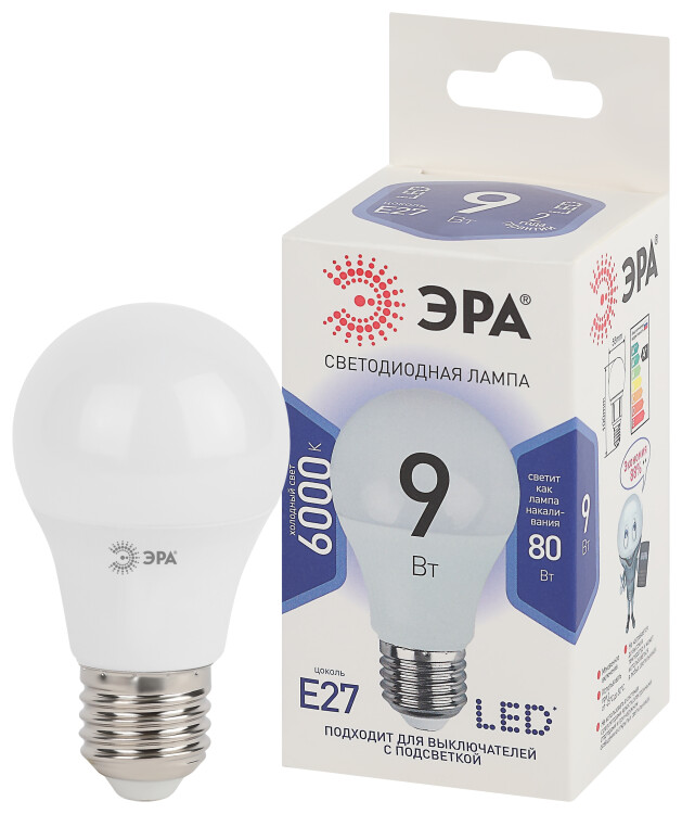 ЭРА Лампа светодиодная STD LED A60-9W-860-E27 9Вт груша холодный дневной свет Е27