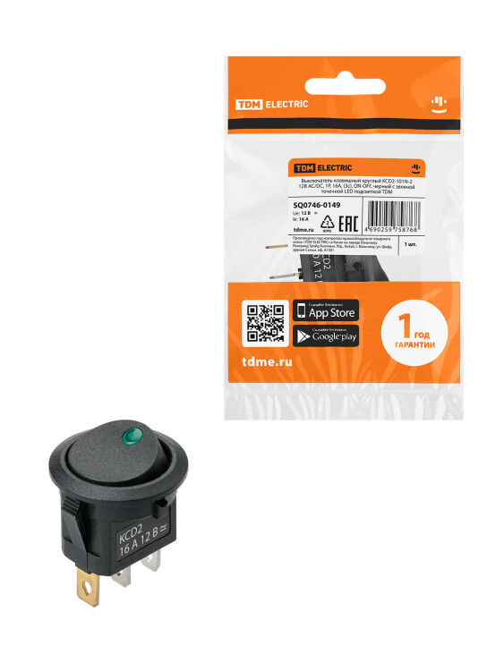 Картинка TDM KCD2-101N-2 12В AC/DC, 1P, 16А, (3с), ON-OFF, черный с зеленой точечной LED подсветкой (SQ0746-0149) в интернет-магазине Форум Электро в Москве
