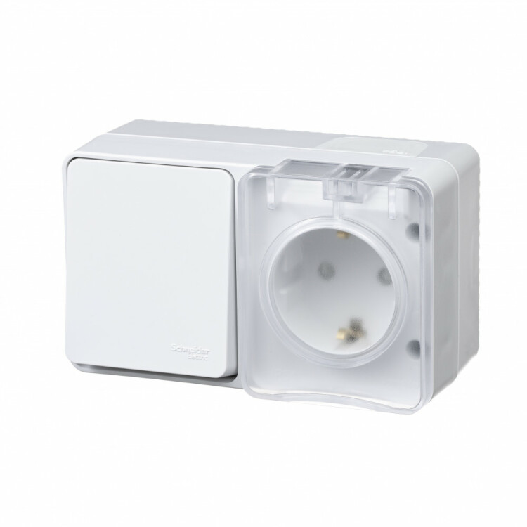 Картинка Systeme Electric AtlasDesign Profi54 Наруж Белый Блок: Розетка с/з со шт. + выключатель 1-клавишный 10А IP54 (ATN540170) в интернет-магазине Форум Электро в Москве