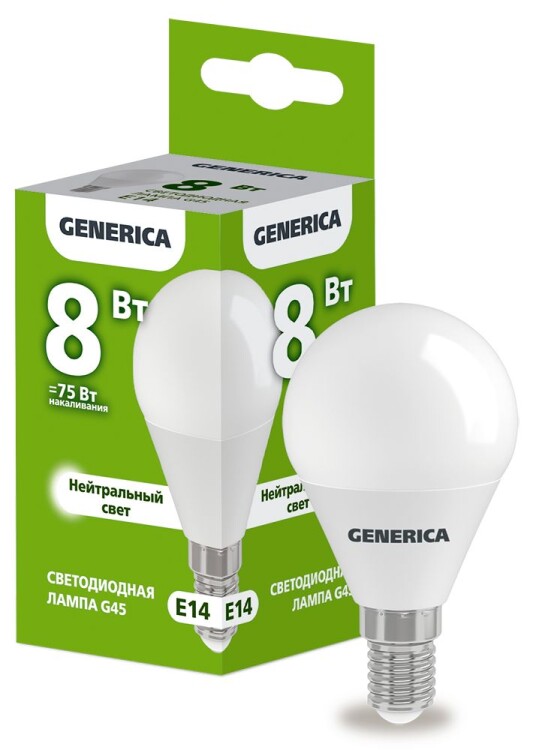 IEK GENERICA Лампа LED G45 шар 8Вт 230В 4000К E14 (LL-G45-08-230-40-E14-G) превью в интернет-магазине электрики Форум Электро в Москве