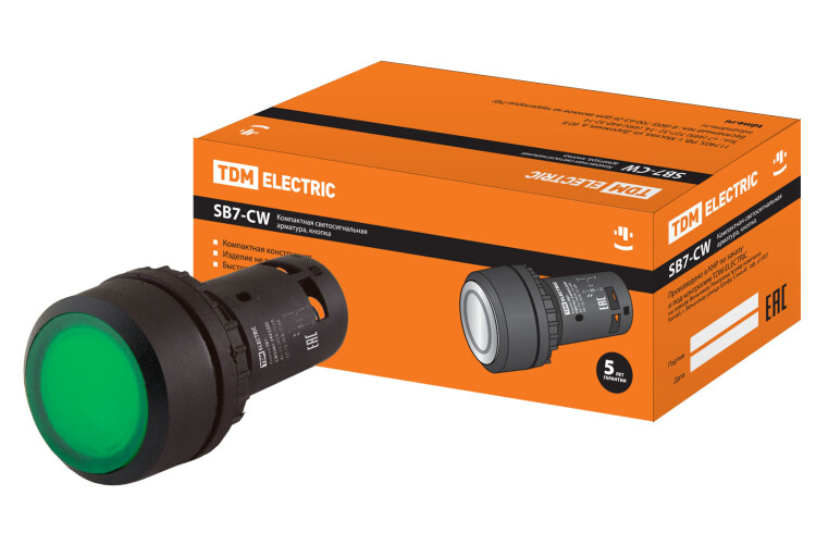 TDM Кнопка SB7-CW3361-24V(LED) d22мм 1з, зеленая (SQ0746-0026) превью в интернет-магазине электрики Форум Электро в Москве
