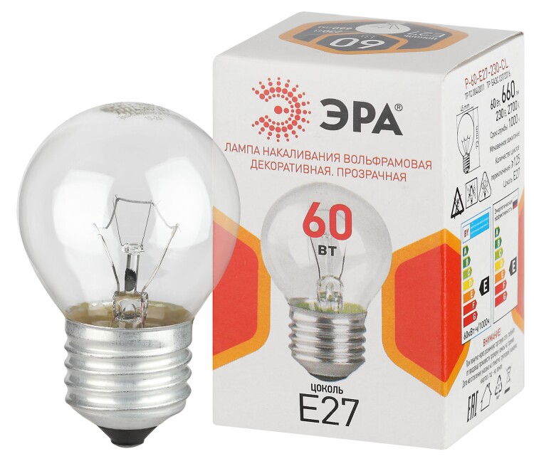 ЭРА Лампа накаливания P-60-E27-230-CL 60Вт 230В шар прозрачный цветная коробка Е27 (Б0066558) превью в интернет-магазине электрики Форум Электро в Москве