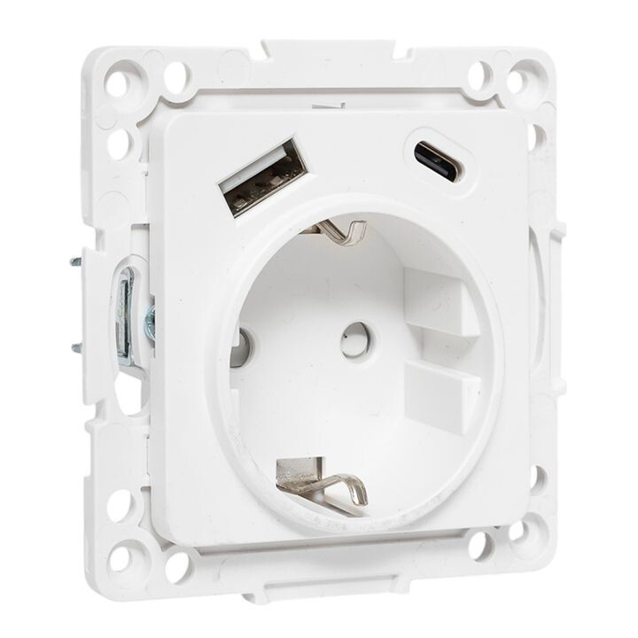 Картинка EKF Стокгольм Механизм Розетки 1-местной с/з, USB A+C 16А винтовые клеммы белый с защ. штор (EYR16-2USB-typeA-typeC) в интернет-магазине Форум Электро в Москве