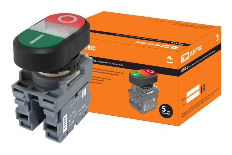 TDM Кнопка двойная MPD2-11С (зеленая/красная) (LED) в сборе d22мм/220В (I/O) линза прозрачная (SQ0747-0049) превью в интернет-магазине электрики Форум Электро в Москве