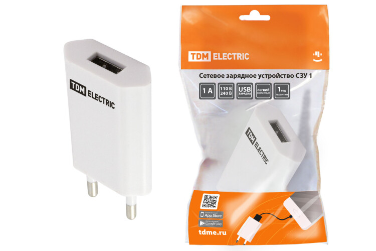 TDM Сетевое зарядное устройство, СЗУ 1, 1 А, 1 USB, белый, (SQ1810-0001) превью в интернет-магазине электрики Форум Электро в Москве