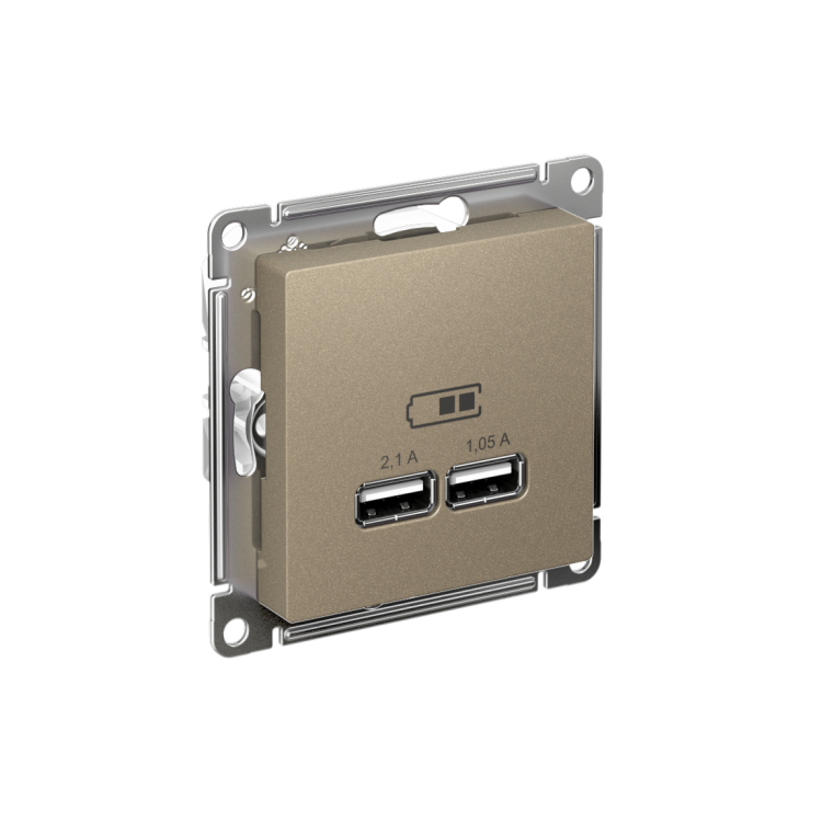 Картинка Systeme Electric AtlasDesign Шампань USB, 5В, 1 порт x 2,1 А, 2 порта х 1,05 А, механизм (ATN000533) в интернет-магазине Форум Электро в Москве