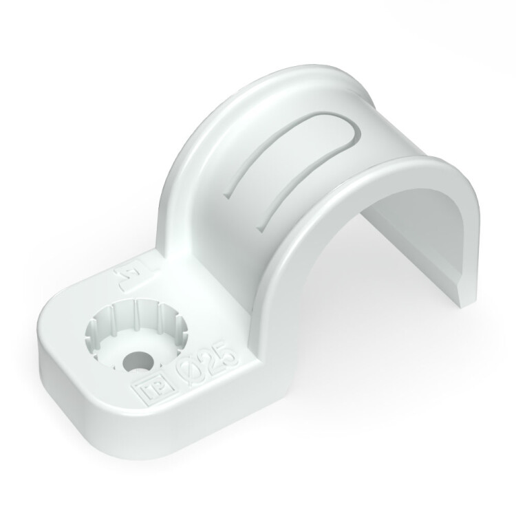 Промрукав Крепеж-скоба пластиковая односторонняя для прямого монтажа атмосферостойкая белая в п/э d25 мм (50шт/450шт уп/кор) (PR13.0378) превью в интернет-магазине электрики Форум Электро в Москве