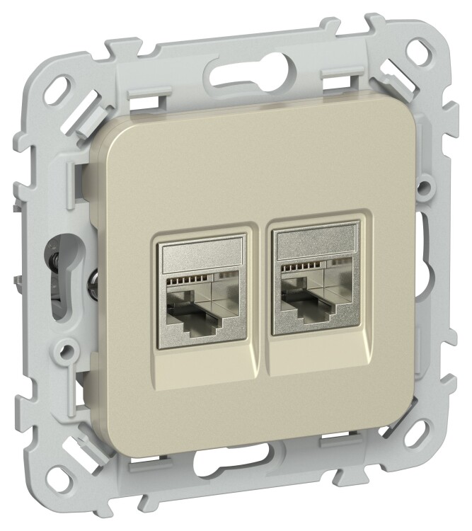Картинка IEK FLITE Шампань Розетка 2-местная RJ45/RJ11 категория 5Е/3 STP (FI-KT21-1-K37) в интернет-магазине Форум Электро в Москве