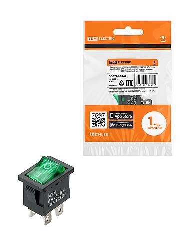 Картинка TDM KCD1-201N 250В AC/DC, 2P, 6А, (4с), ON-OFF, черный корпус, зеленая клавиша, с LED подсв., Mini (SQ0746-0142) в интернет-магазине Форум Электро в Москве