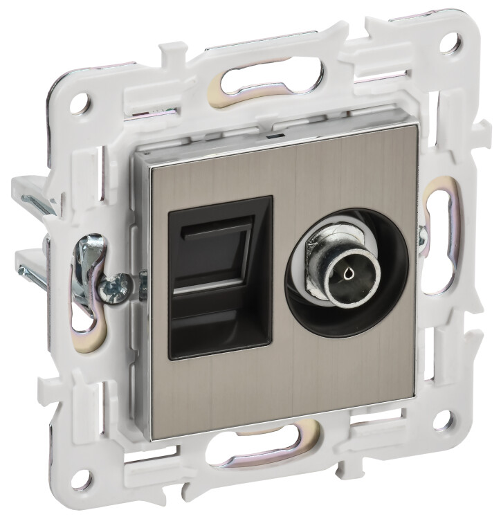 IEK SKANDY Никель Розетка двойная TV+RJ45 кат.6E SK-A15N (SK-AK20-2-K50) превью в интернет-магазине электрики Форум Электро в Москве