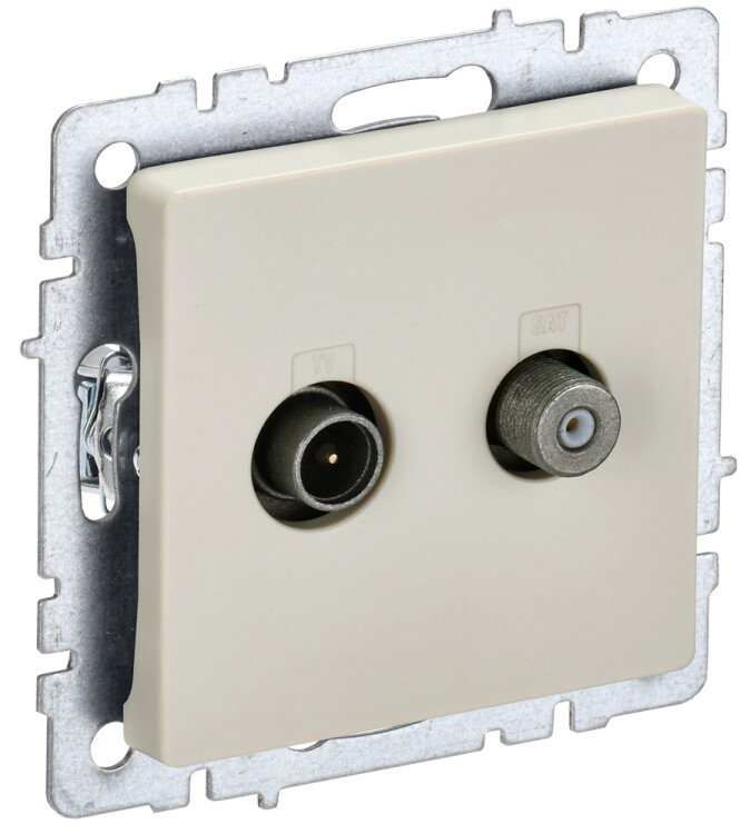 Картинка IEK BRITE BASE Бежевый Розетка двойная TV+SAT РТВ/РСп12-БрКр (BR-AF20-O-K10) в интернет-магазине Форум Электро в Москве