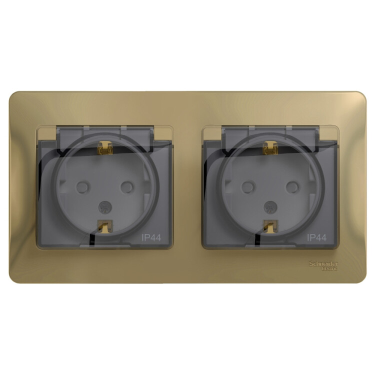 Картинка Systeme Electric Glossa Титан Розетка 2-ая с/з, со шторками, в сборе, IP44 (GSL000447) в интернет-магазине Форум Электро в Москве