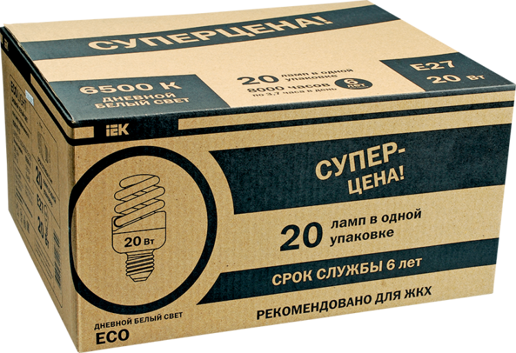 IEK Лампа КЭЛP-3U Е27 20Вт 6500К ЖКХПАК 20 шт -eco