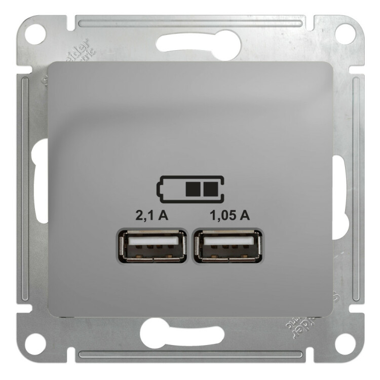 Картинка Systeme Electric Glossa Алюминий Розетка USB 5В/2,1А, 2х5В/1,05А (GSL000333) в интернет-магазине Форум Электро в Москве