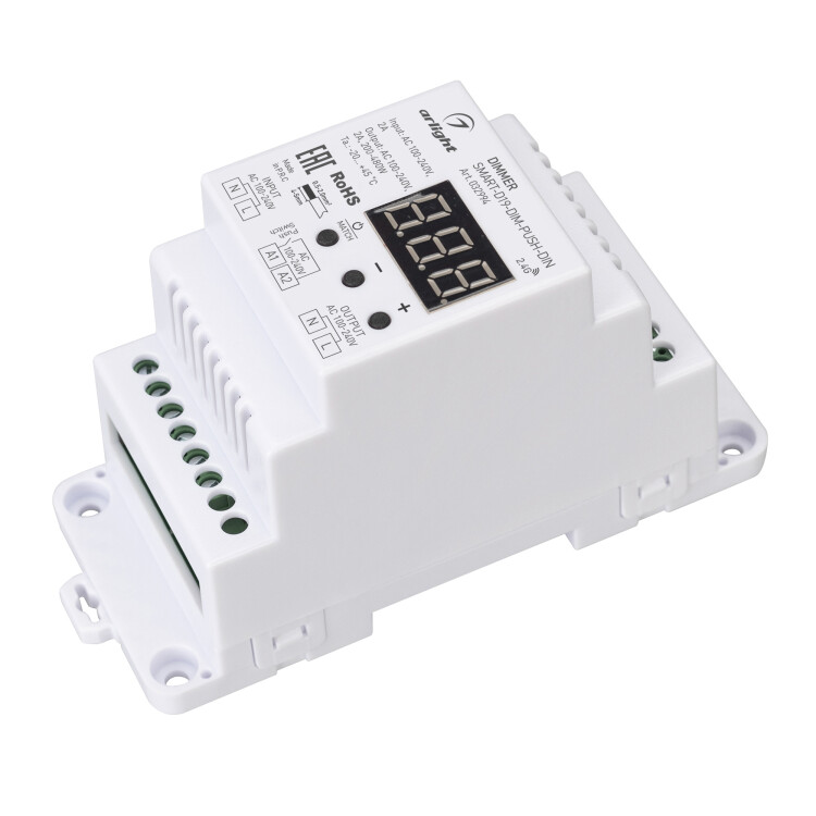 Картинка Arlight Диммер SMART-D19-DIM-PUSH-DIN (230V, 2A, TRIAC, 2.4G) (IP20 Пластик, 5 лет) (032994) в интернет-магазине Форум Электро в Москве