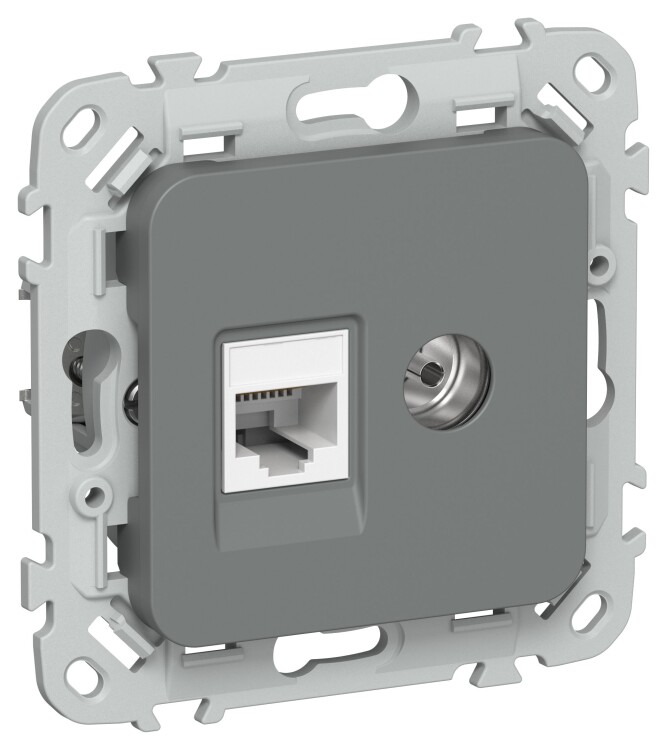 IEK FLITE Мокрый асфальт Розетка 2-местная RJ45/TV категория 5Е UTP (FI-AK22-1-K80) превью в интернет-магазине электрики Форум Электро в Москве