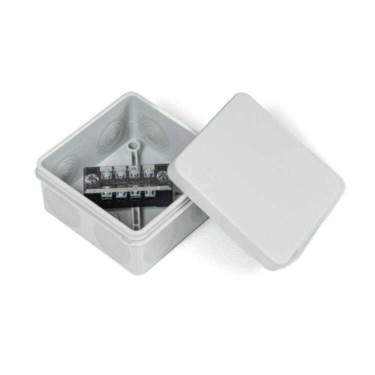 Коробка распределительная двухкомпонентная (HF) в комплекте с 4-кл. зажимами, сечение до 1,5 мм?, 80х80х40 серая Промрукав (PR80.0168) превью в интернет-магазине электрики Форум Электро в Москве