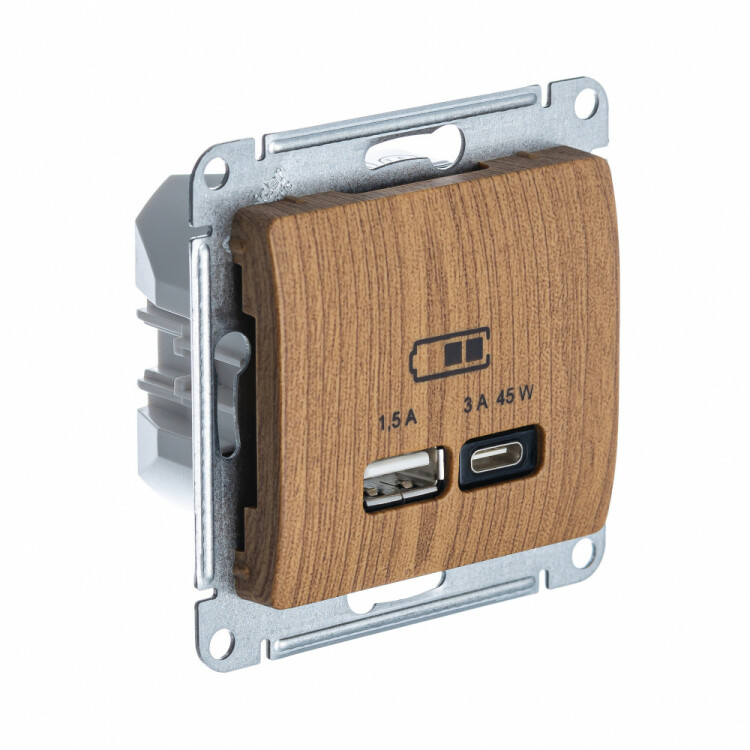 Картинка GLOSSA USB РОЗЕТКА А + тип-С 45Вт высокоскор.заряд. QC, PD, механизм, ДЕРЕВО ДУБ (GSL000529) в интернет-магазине Форум Электро в Москве