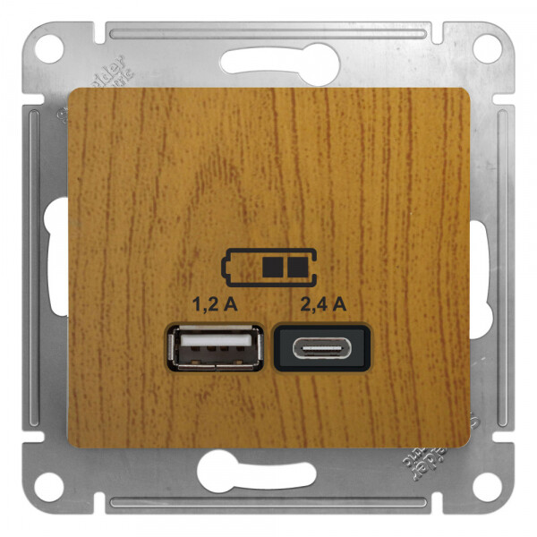 Картинка Systeme Electric Glossa Дерево Дуб Розетка USB A+С, 5В/2,4А, 2х5В/1,2А (GSL000539) в интернет-магазине Форум Электро в Москве