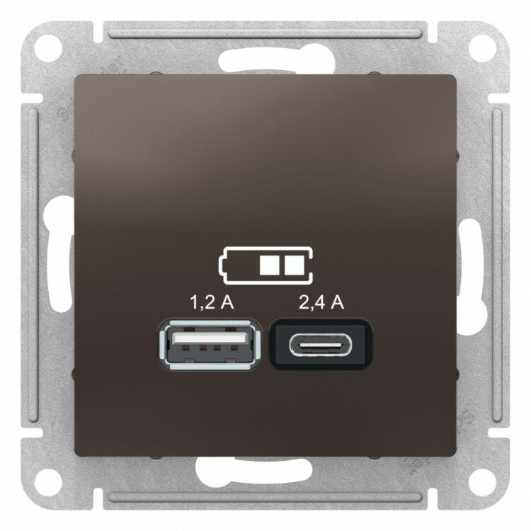 Картинка Systeme Electric AtlasDesign Мокко USB A+С, 5В/2,4А, 2х5В/1,2А, механизм (ATN000639) в интернет-магазине Форум Электро в Москве