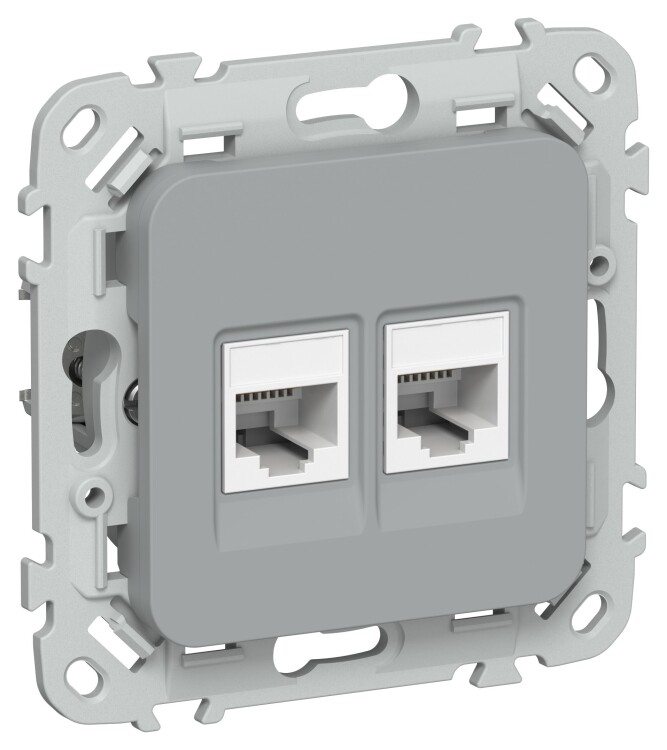 Картинка IEK FLITE Серый Розетка 2-местная RJ45/RJ11 категория 6/3 UTP (FI-KT22-2-K03) в интернет-магазине Форум Электро в Москве