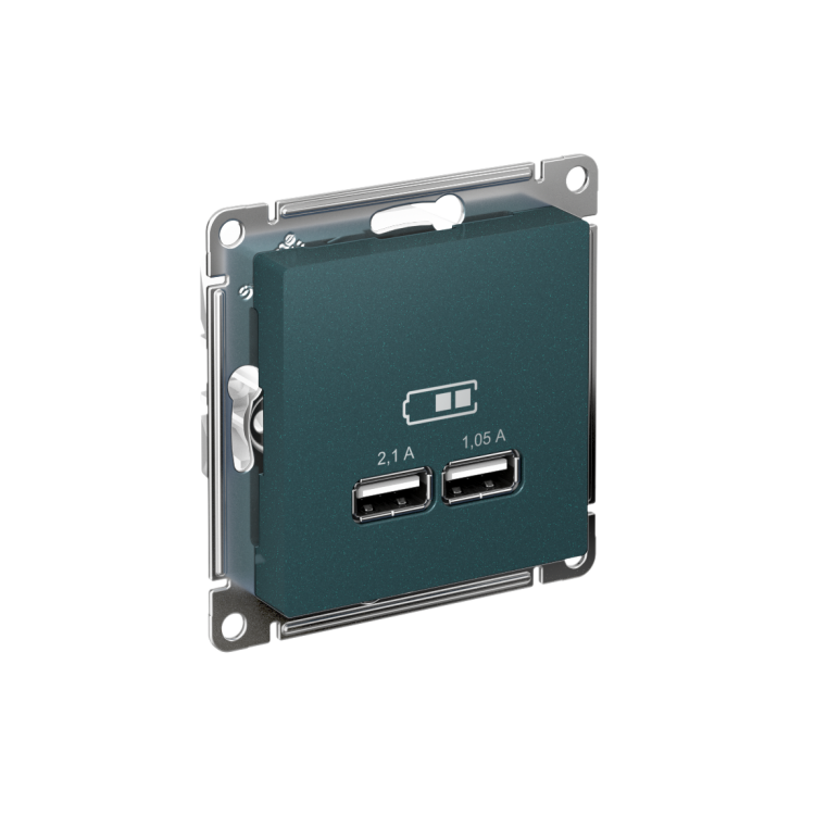 Картинка Systeme Electric AtlasDesign Изумруд USB, 5В, 1 порт x 2,1 А, 2 порта х 1,05 А, механизм (ATN000833) в интернет-магазине Форум Электро в Москве