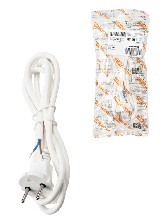 Картинка TDM Шнур сетевой с вилкой ПВС 2x0,75мм2 3м б/з белый (SQ1305-0072) в интернет-магазине Форум Электро в Москве