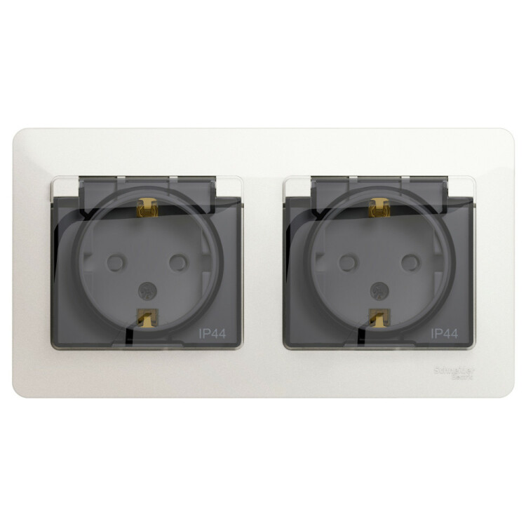 Картинка Systeme Electric Glossa Перламутр Розетка 2-ая с/з, со шторками, в сборе, IP44 (GSL000647) в интернет-магазине Форум Электро в Москве
