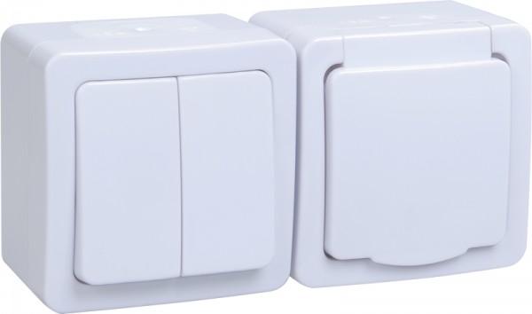 Картинка блок выключатель двухклавишный и розетка с заземляющим контактом и крышкой для открытой установки белая клавиша белая крышка БГб-22-32-ГПБб IP54 Герме (EBGMP20-K01-32-54-EC) в интернет-магазине Форум Электро в Москве