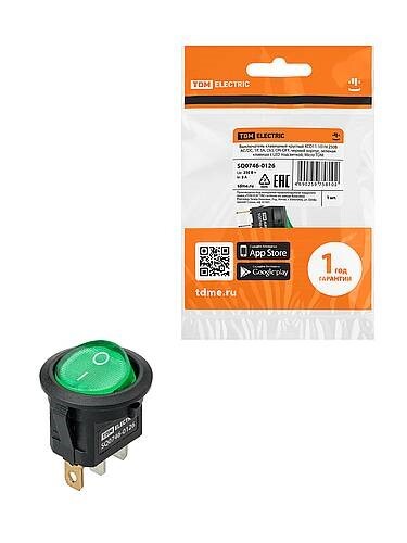 Картинка TDM KCD11-101N 250В AC/DC, 1P, 3А, (3с), ON-OFF, черный корпус, зеленая клавиша, LED, Micro (SQ0746-0126) в интернет-магазине Форум Электро в Москве