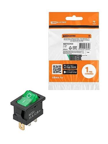 Картинка TDM KCD1-101N 12В AC/DC, 1P, 15А, (3с), ON-OFF, черный корпус, зеленая клавиша, LED подсветка, Mini TDМ (SQ0746-0134) в интернет-магазине Форум Электро в Москве