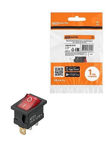 Картинка TDM KCD1-101N 12В AC/DC, 1P, 15А, (3с), ON-OFF, черный корпус, крас.клавиша, LED подсв., Mini (SQ0746-0131) в интернет-магазине Форум Электро в Москве