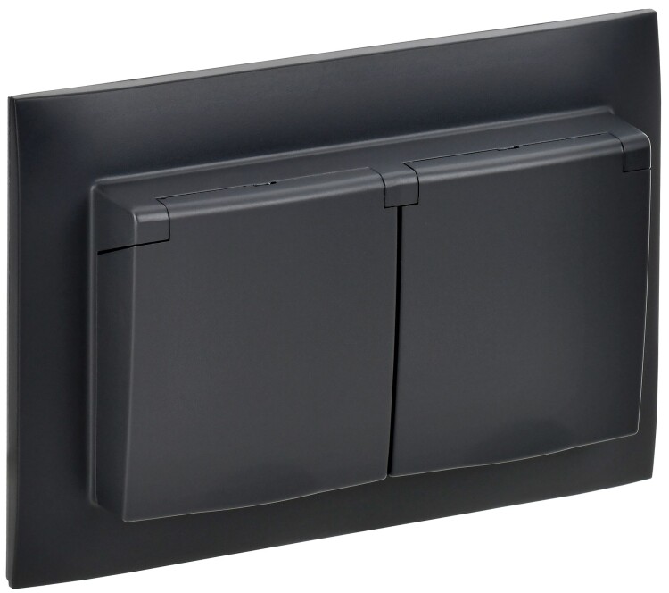 Картинка IEK SKANDY Черный Розетка 2-ая с/з с крышкой 16А в сборе IP44 SK-R12Bl (SK-R26-16-44-K02-F) в интернет-магазине Форум Электро в Москве