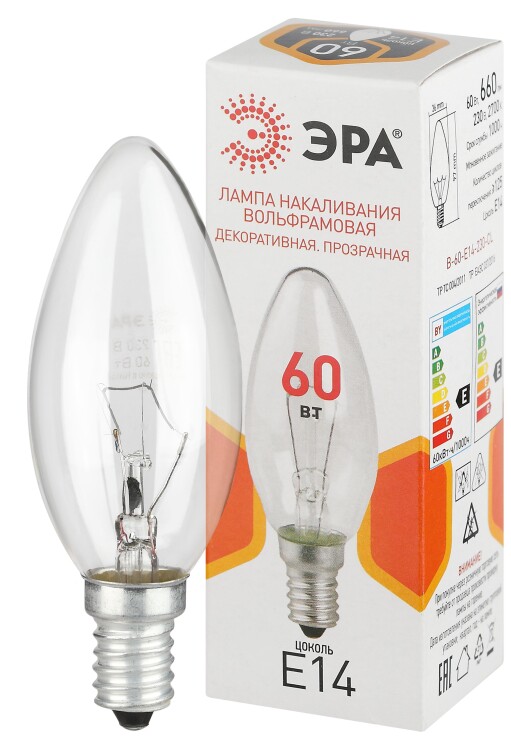 ЭРА Лампа накаливания B-60-E14-230-CL 60Вт 230В свеча прозрачная цветная коробка Е14 (Б0066551) превью в интернет-магазине электрики Форум Электро в Москве