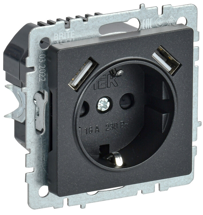 Фотография IEK BRITE BASE Черный Розетка с з/к/ш 16А с USB A+A 3,1А РЮш10-2-БрЧ (BR-R14-16-U21-D31-K02) в интернет-магазине Форум Электро в Москве Картинка IEK BRITE BASE Черный Розетка с з/к/ш 16А с USB A+A 3,1А РЮш10-2-БрЧ (BR-R14-16-U21-D31-K02) в интернет-магазине Форум Электро в Москве