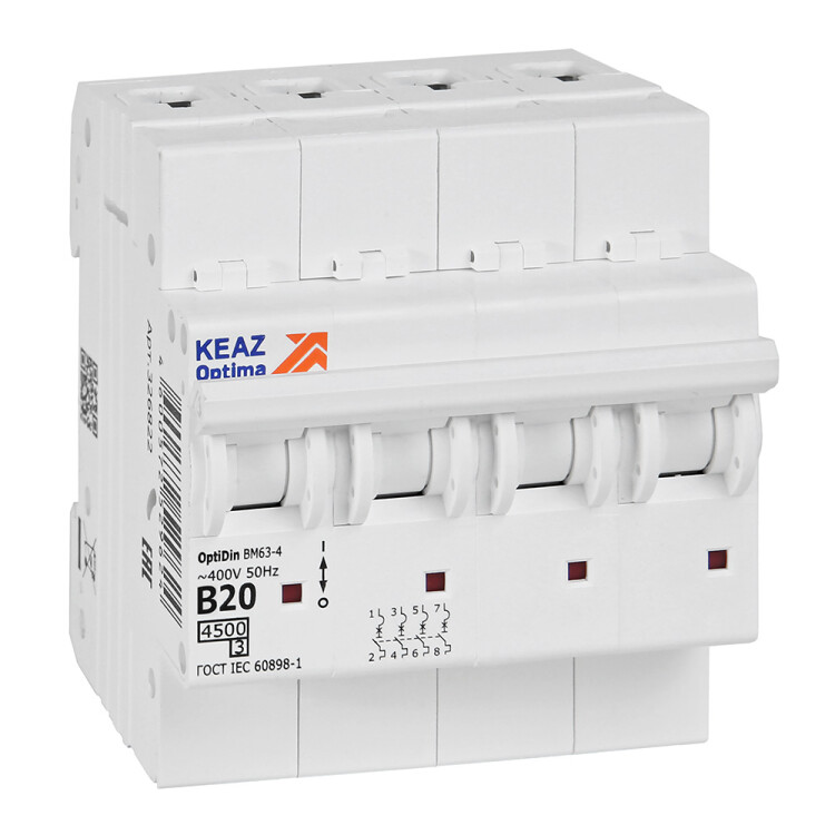 КЭАЗ OptiDin BM63 Автоматический выключатель 4P 20А B 4,5кА AC (BM63-4B20-4,5-УХЛ3) (329529) превью в интернет-магазине электрики Форум Электро в Москве