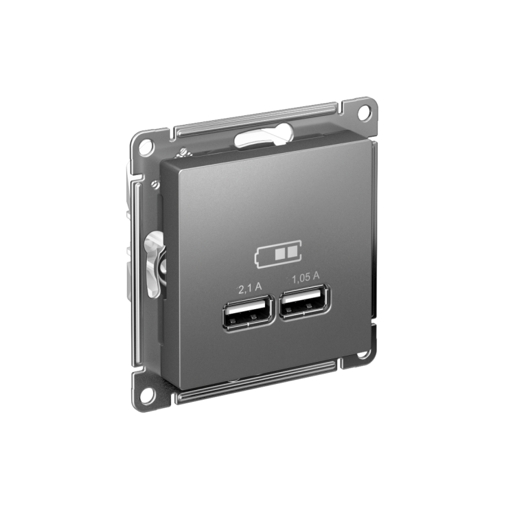Картинка Systeme Electric AtlasDesign Сталь USB, 5В, 1 порт x 2,1 А, 2 порта х 1,05 А, механизм (ATN000933) в интернет-магазине Форум Электро в Москве